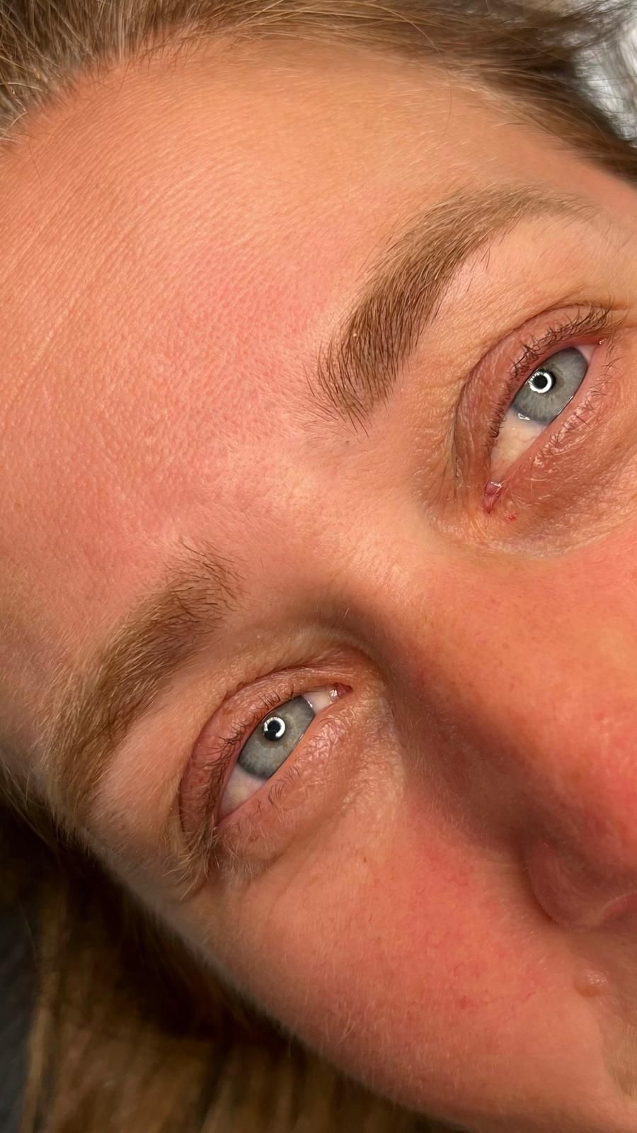 Un primer plano del rostro de una mujer con flechas que apuntan a diferentes partes de sus cejas.