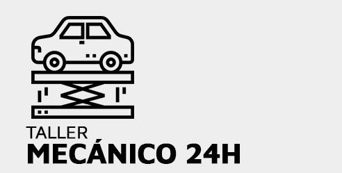 Un logotipo en blanco y negro para taller mecanico 24h con un coche en un elevador.