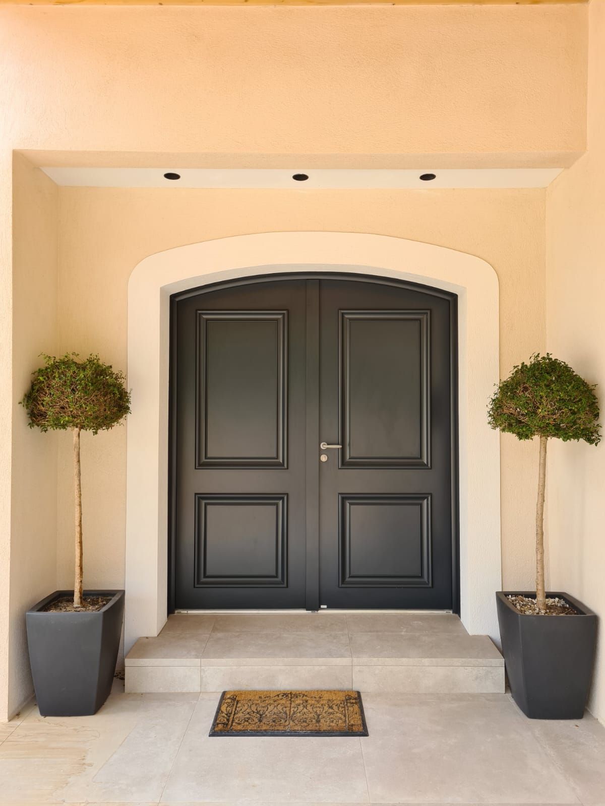Double porte noire sous une entrée voûtée, flanquée d'arbres en pot. Murs beiges et paillasson.