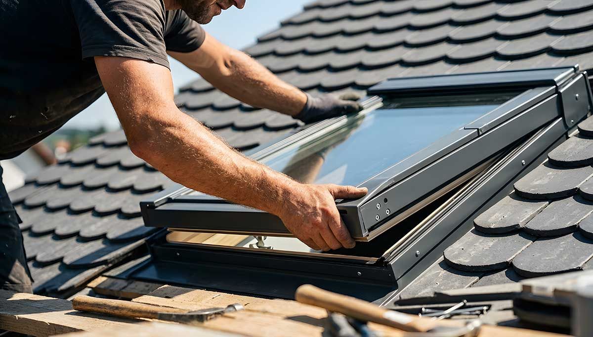 Ein Arbeiter montiert ein Dachfenster auf einem Ziegeldach und hebt dabei einen großen Fensterrahmen an seinen Platz.