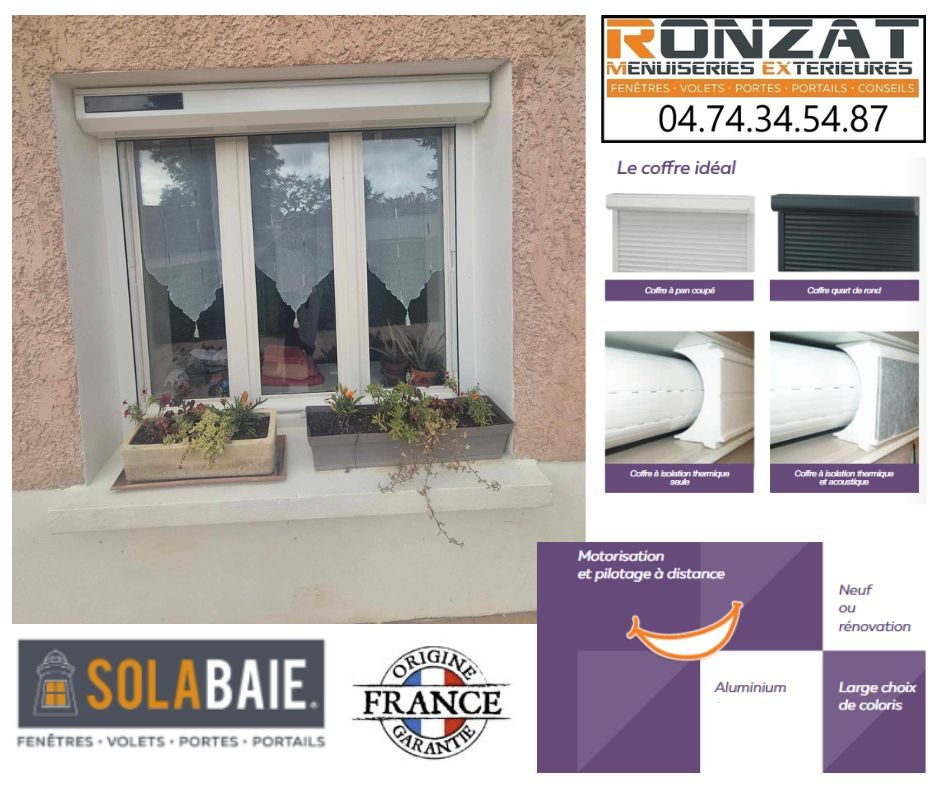 Fenêtre avec volet roulant fermé, jardinière avec plantes et publicité pour des services de fenêtres et de portes.