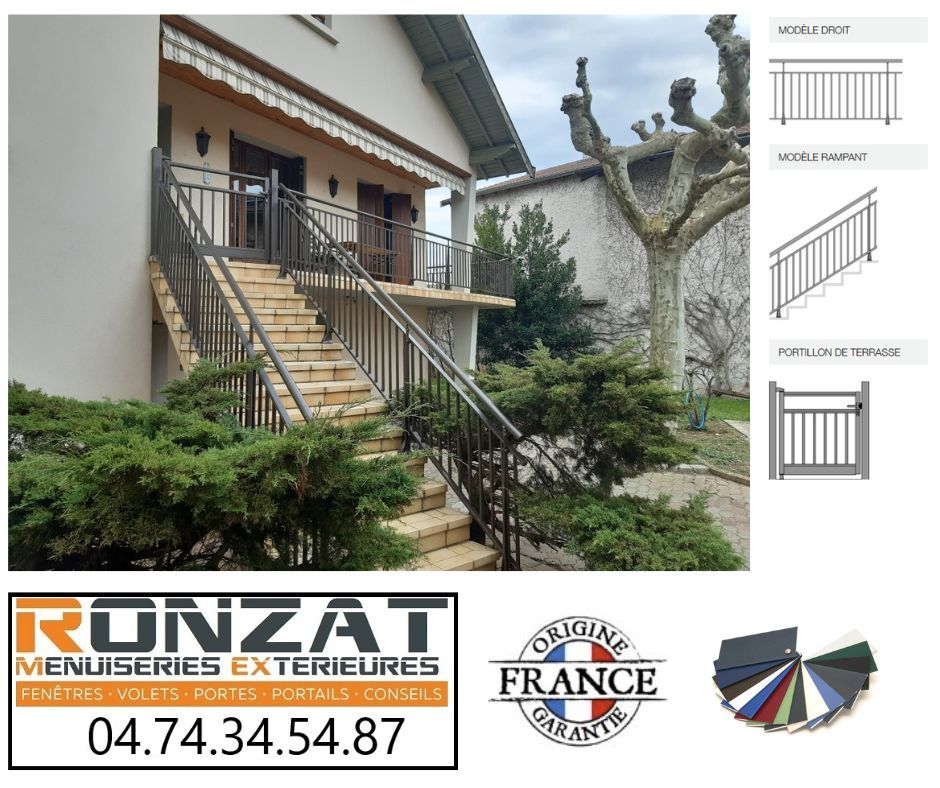 Escaliers extérieurs avec rambarde métallique sur une maison, logo d'entreprise, exemples de rambardes et échantillons de couleurs.