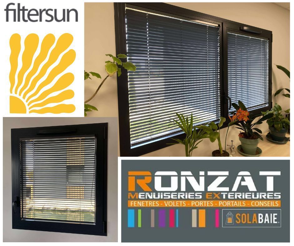 Logo Filtersun à côté de fenêtres avec stores foncés et logo Ronzat Menuseries Extérieurs.