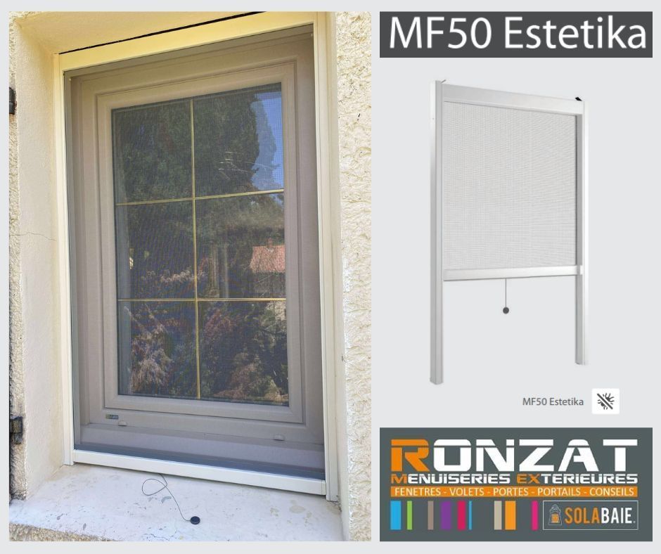 Fenêtre avec moustiquaire grise installée et illustration de la moustiquaire rétractable MF50 Estetika.