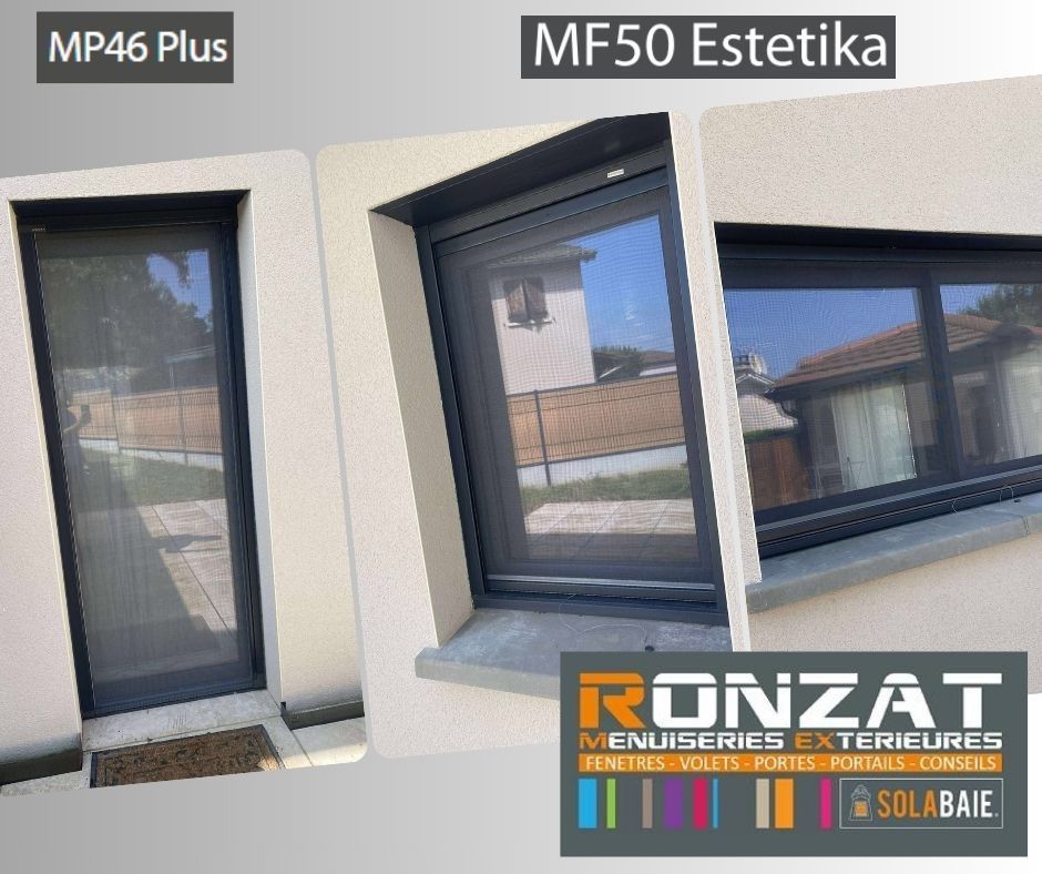 Trois présentoirs extérieurs pour portes et fenêtres. Porte « MP46 Plus » et fenêtres « MF50 Estetika ». Logo RONZAT en bas.