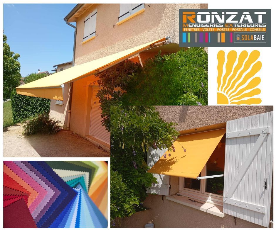 Auvent jaune sur une maison, logo d'entreprise, échantillons de couleurs.