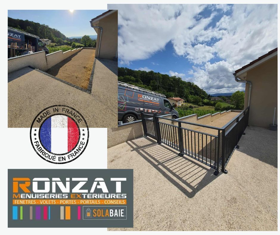 Image composite d'une terrasse avec une balustrade noire, un camion portant le logo Ronzat et un badge « Fabriqué en France ».