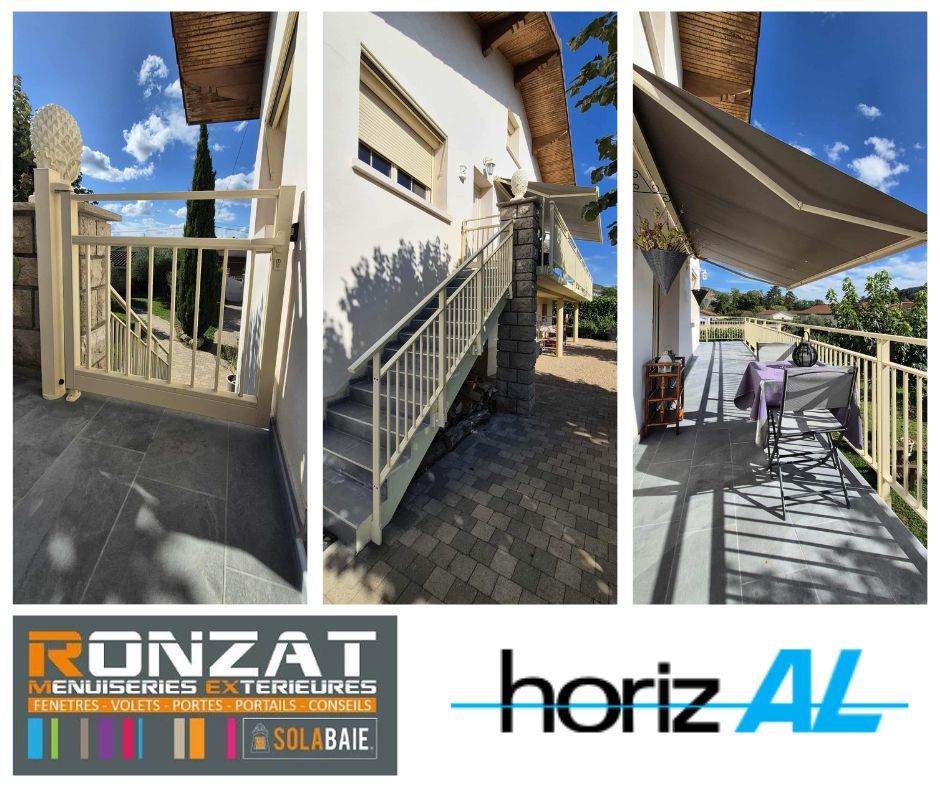 Trois photos présentant des éléments métalliques beiges : portail, escalier et balustrade de terrasse. Les logos de RONZAT et horizAL figurent en bas.