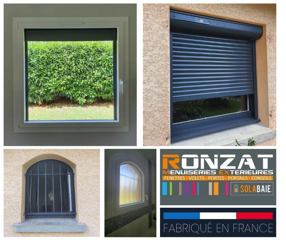 Collage : Fenêtres de styles variés, notamment à volets roulants, à barreaux et à cadres arqués. Logo « RONZAT ».