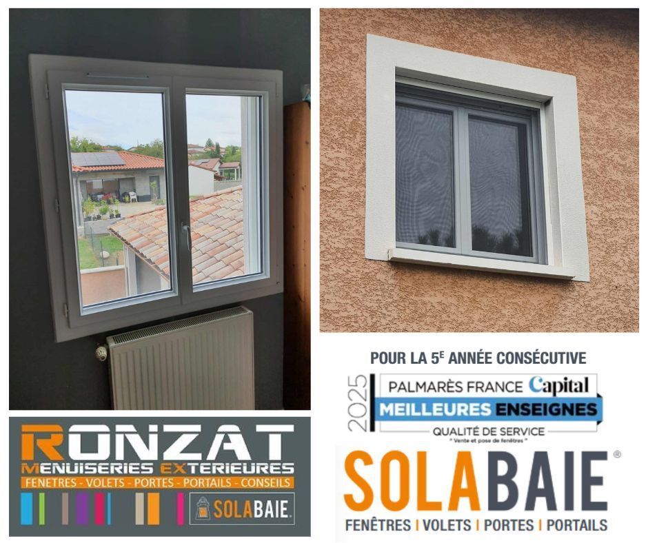 Deux fenêtres avec le logo « Solabaie » en dessous, plus un badge de prix France Capital « Meilleures Enseignes ».