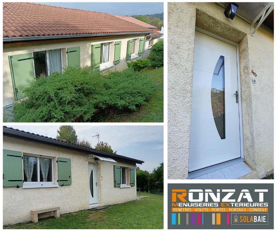 Trois vues extérieures d'un bâtiment avec des volets verts et une porte blanche, portant le logo RONZAT.