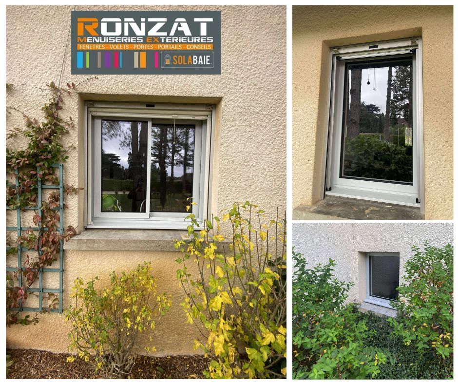 Fenêtre en PVC inclinée offrant une vue sur un arbre, sur un mur turquoise orné de logos d'entreprises.