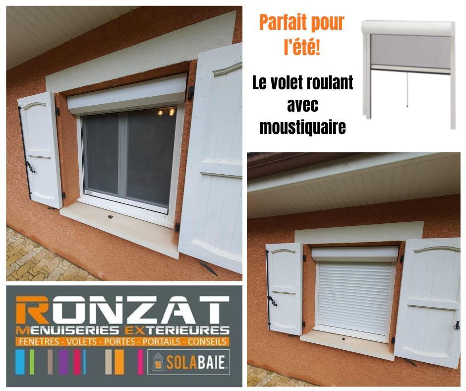 Publicité pour un volet roulant avec moustiquaire. Elle montre une fenêtre équipée de volets et le produit.