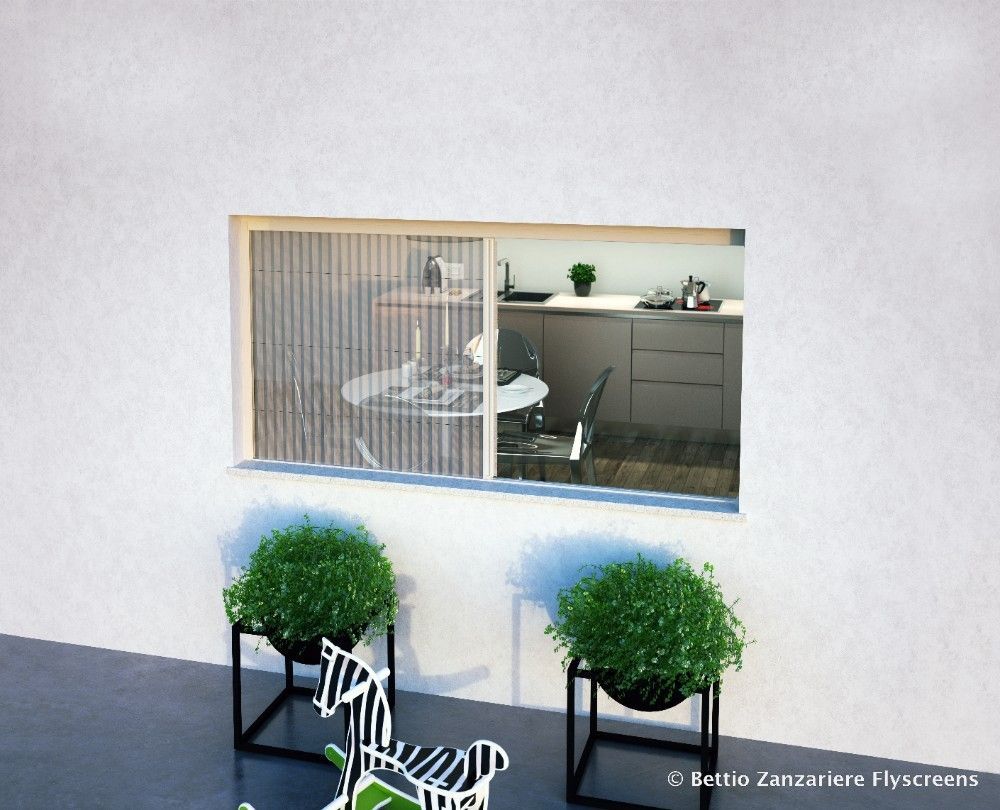 Fenêtre donnant sur une cuisine moderne, flanquée de plantes en pot et d'une décoration de jardin en forme de zèbre.