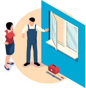 Un réparateur explique la réparation d'une fenêtre à une femme ; des outils à proximité.