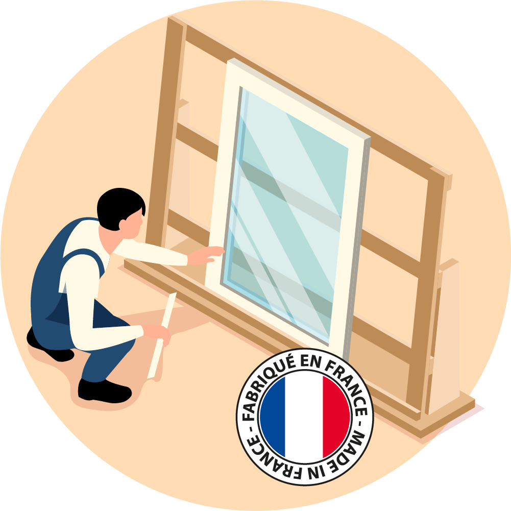 Homme installant une fenêtre avec le label « Made in France ».