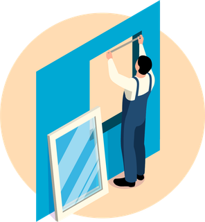 Personne mesurant un cadre de fenêtre ; nouvelle fenêtre à proximité. Mur bleu, fond beige.