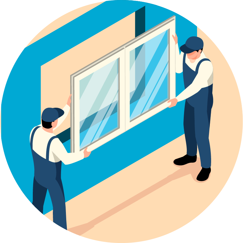 Deux ouvriers en salopette bleue installent une fenêtre à double vitrage dans un mur bleu.