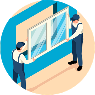 Deux ouvriers en salopette bleue installent une fenêtre à double vitrage dans un mur bleu.