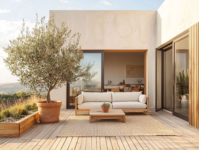 Une terrasse extérieure moderne avec un canapé en bois, une table basse, un olivier en pot et un tapis tissé sur une terrasse ensoleillée.