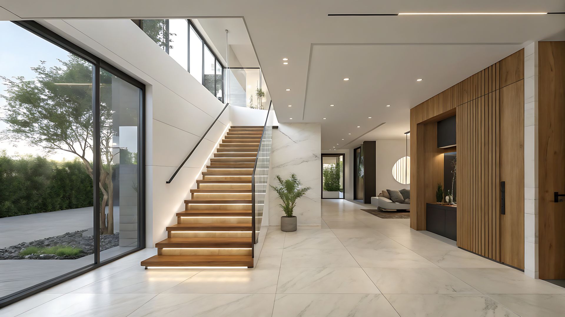 Entrée moderne avec un escalier en bois, un sol en marbre, un éclairage intégré et des parois vitrées donnant sur un jardin.