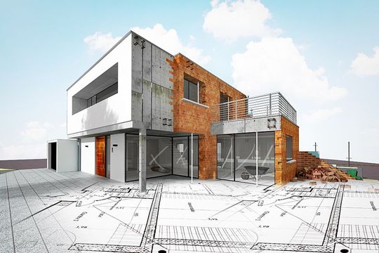 Une représentation architecturale 3D d'une maison moderne se fondant avec les plans techniques au sol.