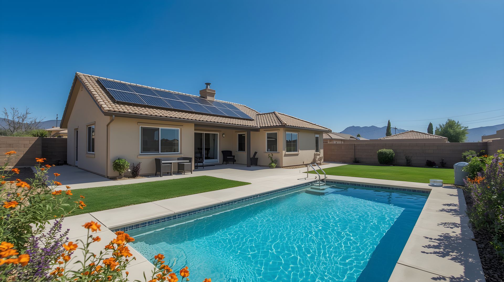 Une maison beige, dotée de panneaux solaires sur son toit de tuiles, possède une piscine dans un jardin ensoleillé avec vue sur les montagnes.
