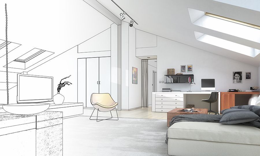 Une transition entre un espace de vie et une esquisse architecturale blanche, la partie gauche représentant un intérieur rendu.