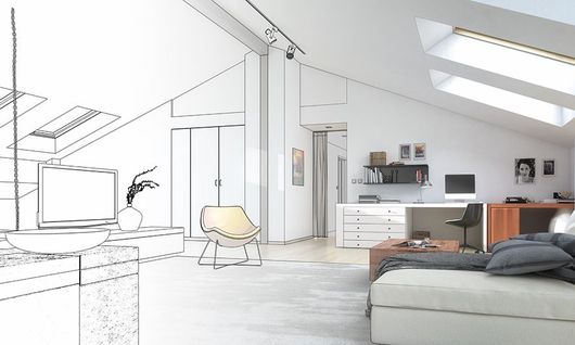 Une transition entre un espace de vie et une esquisse architecturale blanche, la partie gauche représentant un intérieur rendu.