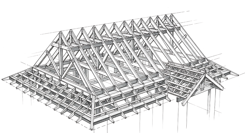 Dessin technique architectural d'une charpente de toit en bois avec une conception complexe de pignons entrecroisés.