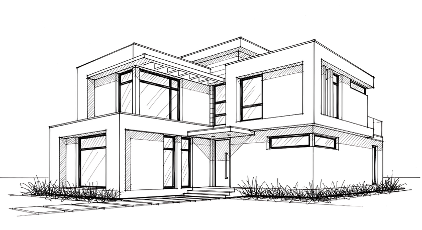 Dessin architectural en noir et blanc d'une maison moderne à deux étages avec de grandes fenêtres et un toit plat.