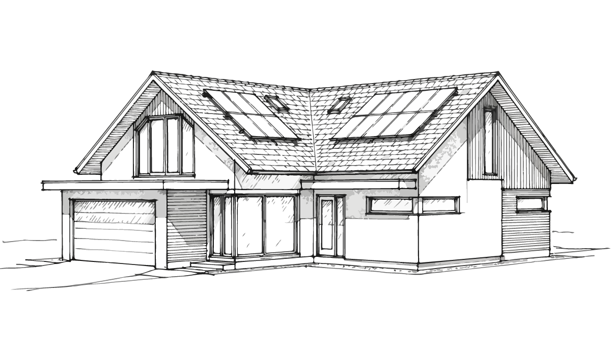 Croquis d'une maison moderne de plain-pied avec toit en pente, panneaux solaires et garage attenant.