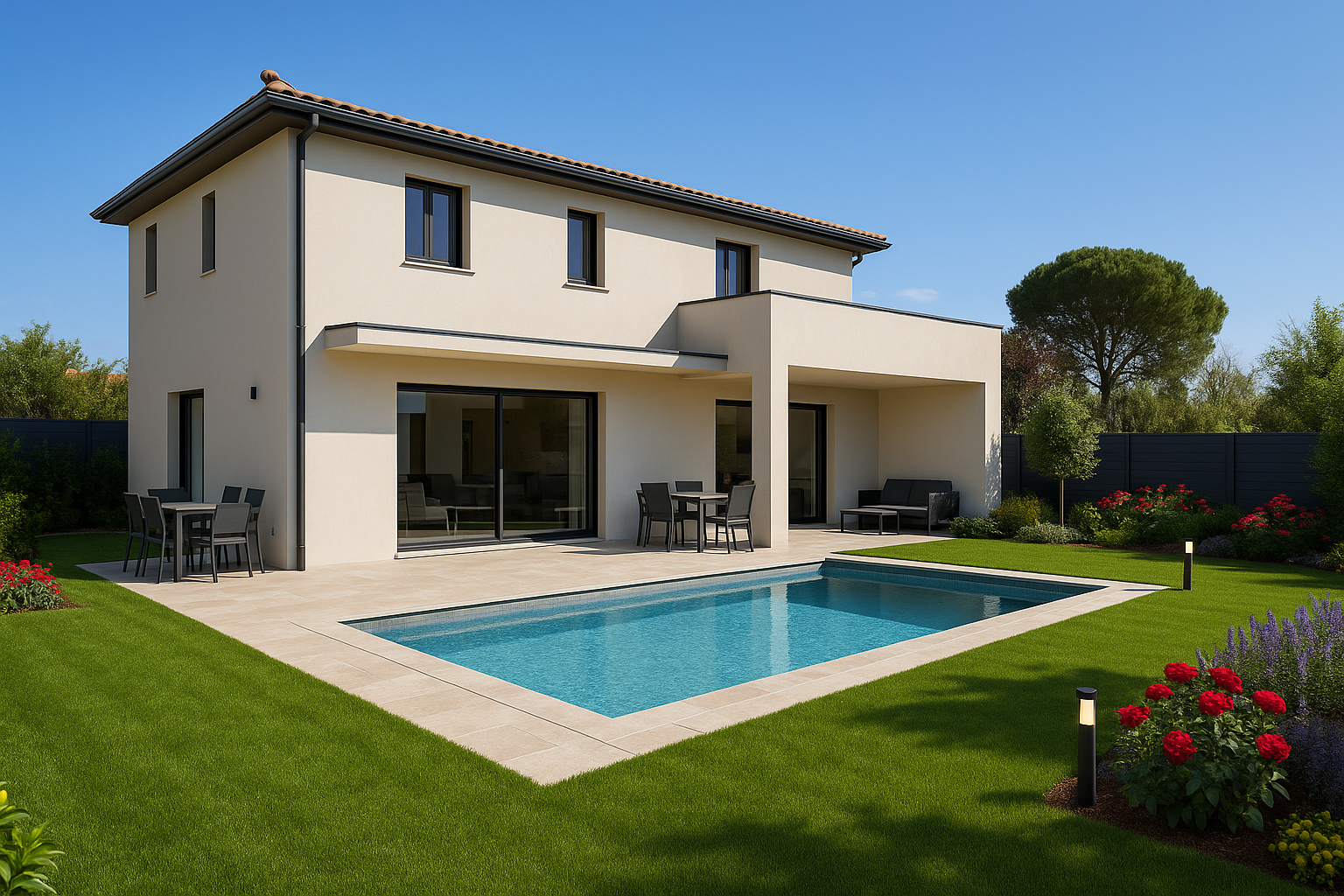 Une maison claire de deux étages avec piscine à l'arrière, mobilier de jardin et pelouse verte sous un ciel bleu azur.