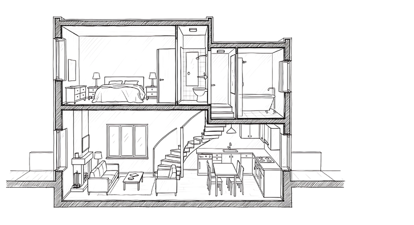 Un croquis architectural en coupe transversale montrant l'intérieur d'une maison à deux étages avec un salon, une cuisine et une chambre.