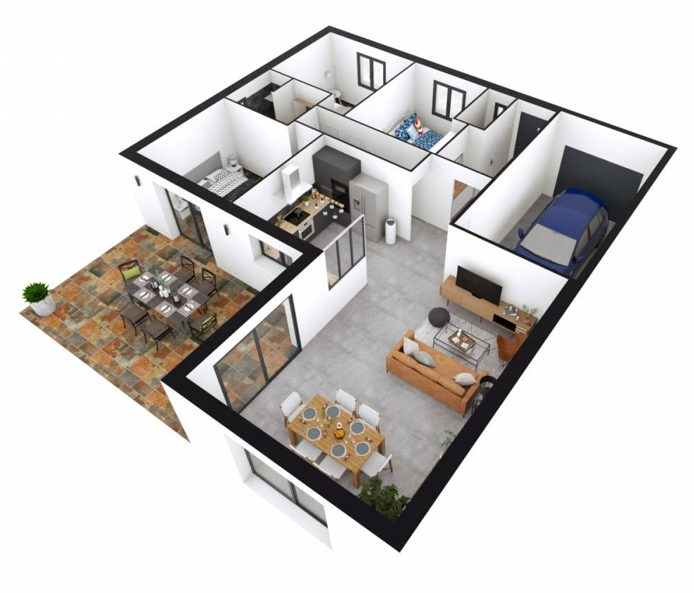 Un plan 3D illustrant l'agencement d'une maison moderne, comprenant une cuisine, une salle à manger, un salon, des chambres et un garage.