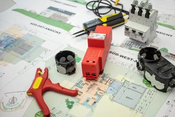 Elektrische Komponenten (Abisolierzange, Sicherheitsrelais, Unterbrecher) auf Bauplänen.