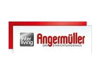Logo für Angermüller, ein deutsches Möbelhaus, mit rot-weißem Farbschema.