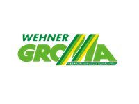 Grünes „WEHNER GROMA“-Logo mit gelben und grünen diagonalen Linien; blauer Slogan.