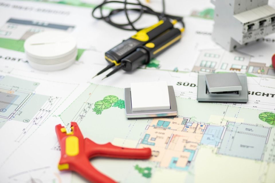 Elektrische Werkzeuge und Komponenten auf einer Blaupause.