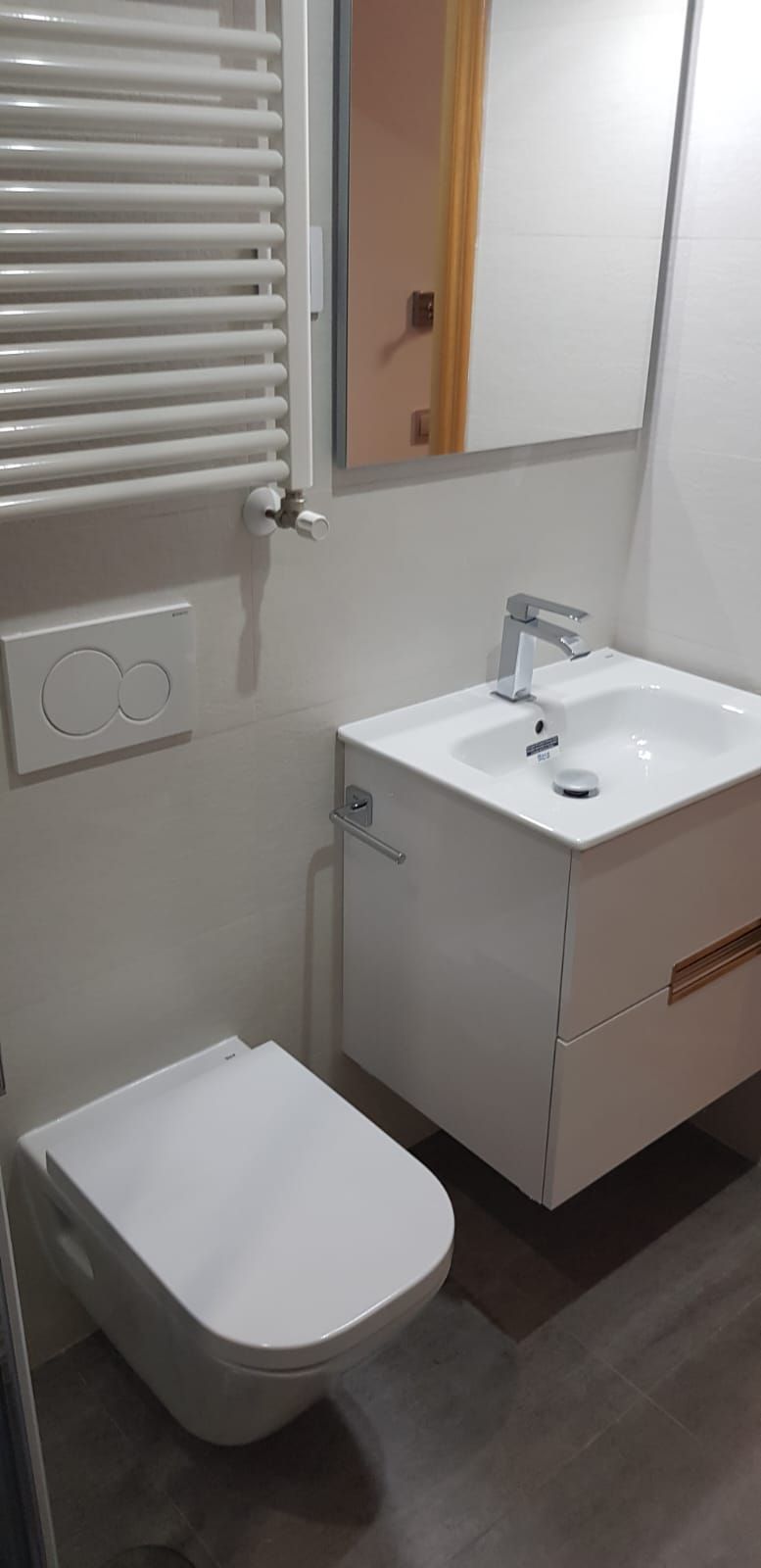 Un baño con inodoro, lavabo y espejo.