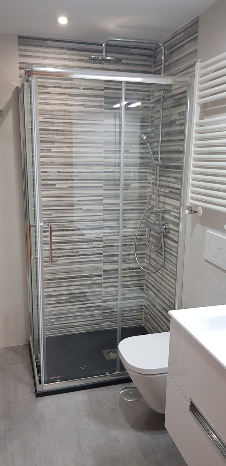 Un baño con inodoro, lavabo y ducha.