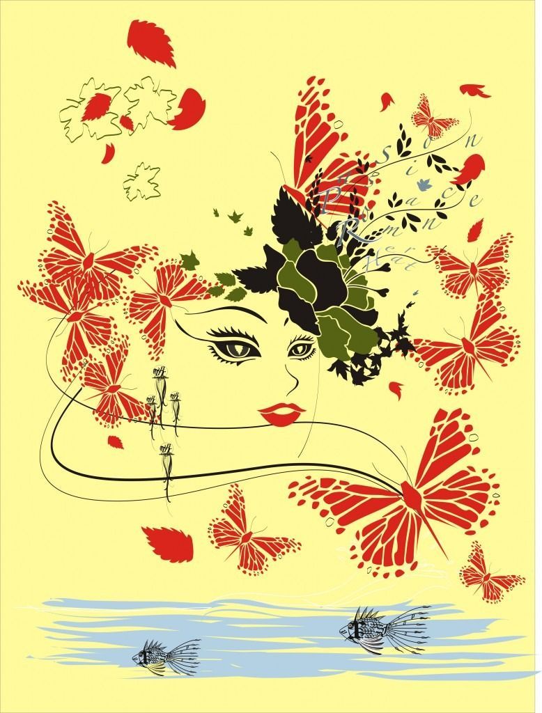 Un dibujo de una mujer con mariposas en la cabeza.