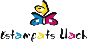 Un logotipo para estampats llack con una mariposa colorida sobre un fondo blanco.