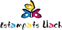 Un logotipo para estampats llack con una mariposa colorida sobre un fondo blanco.
