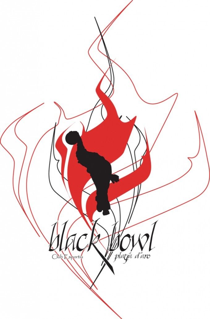 Un logotipo negro y rojo para un tazón negro.