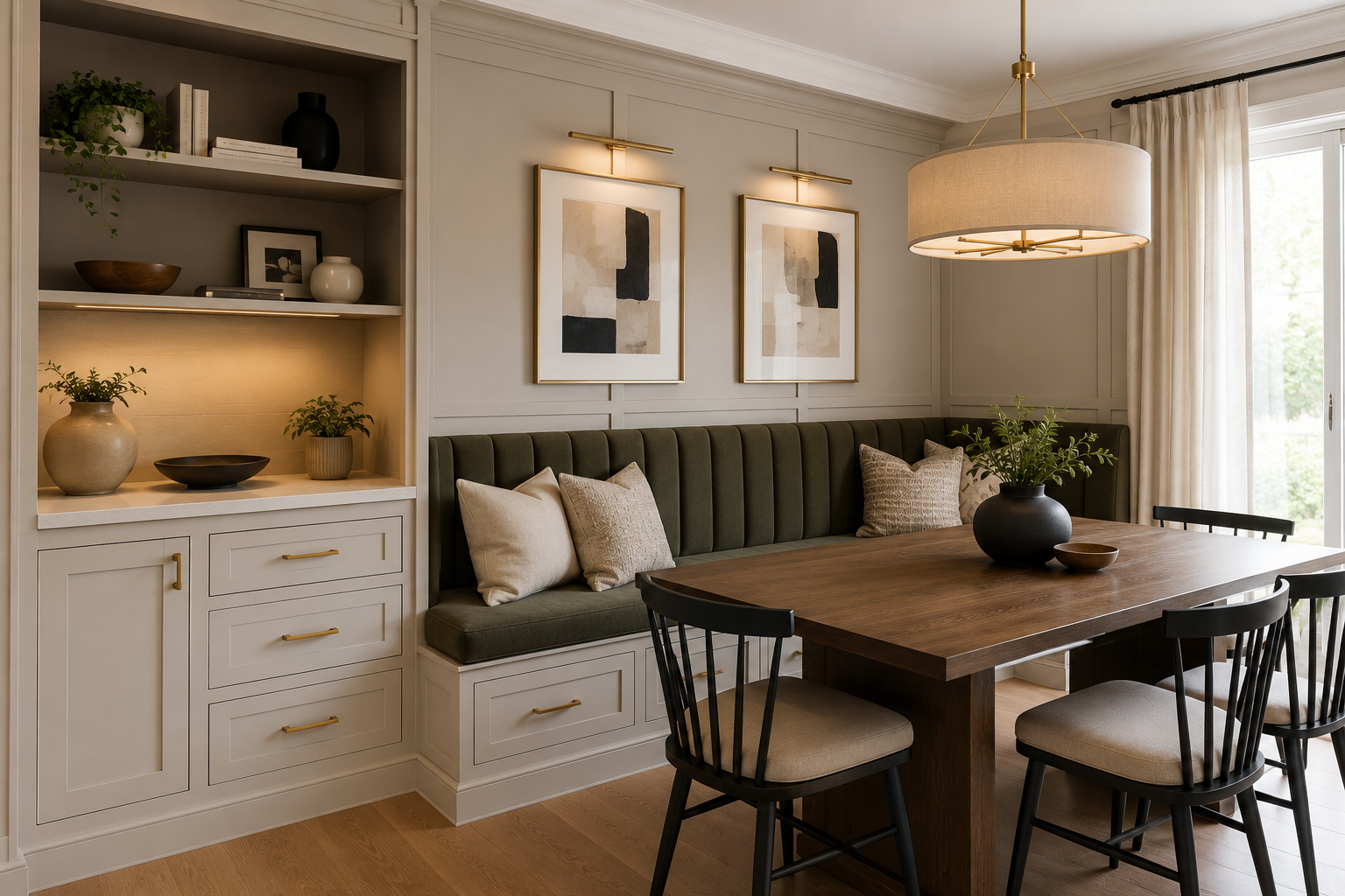 Cozy dining nook with built-in bench, wooden table, black chairs, and soft neutral decor by a window