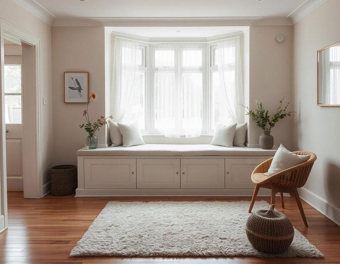 Bright minimalist living room with bay window seat, white rug, and wicker chair on hardwood floor