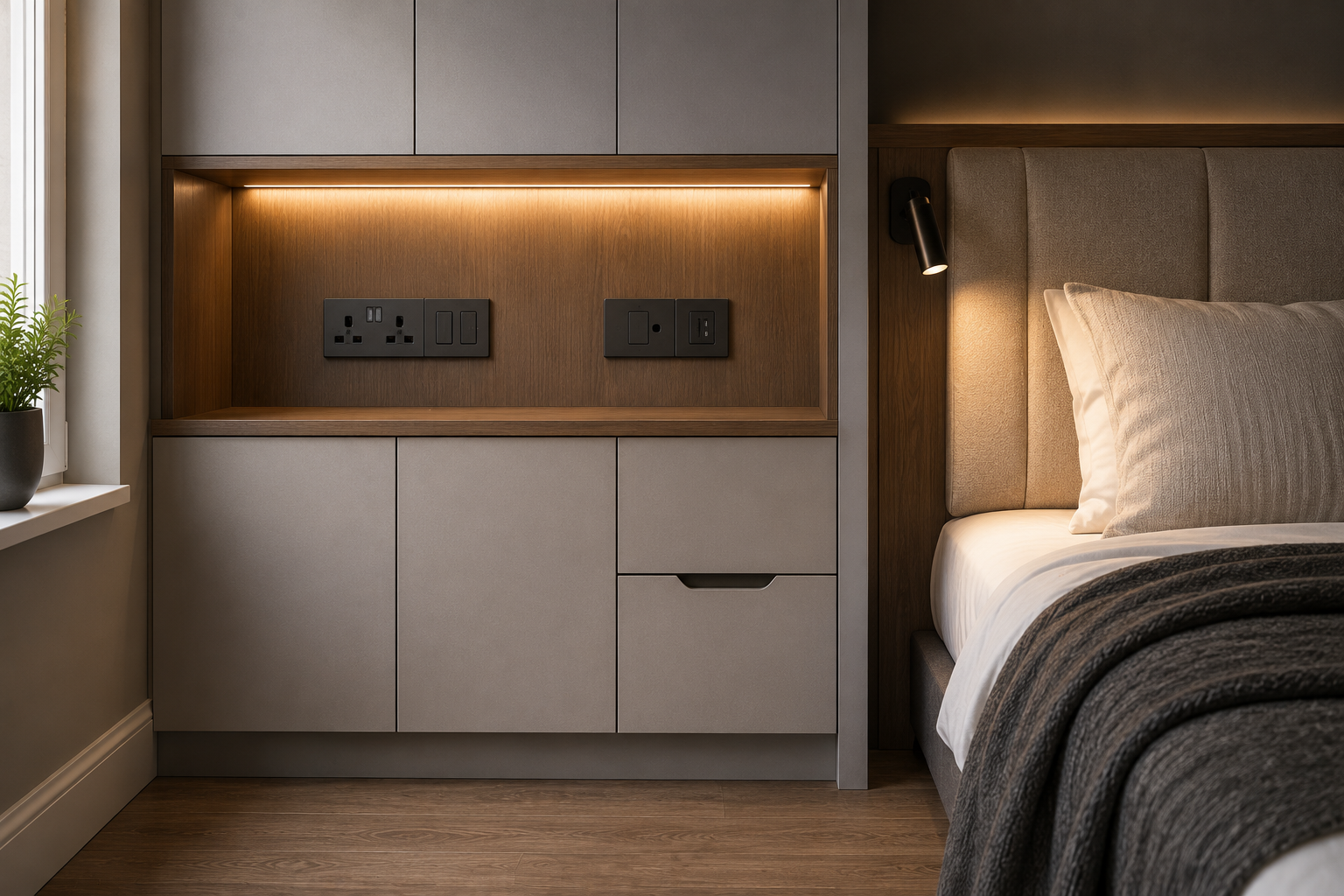 Modern bedroom with built-in wood headboard lighting, gray cabinets, and neatly made bed