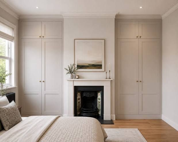 Bright bedroom with built-in closets, a fireplace, and a bed by large windows.