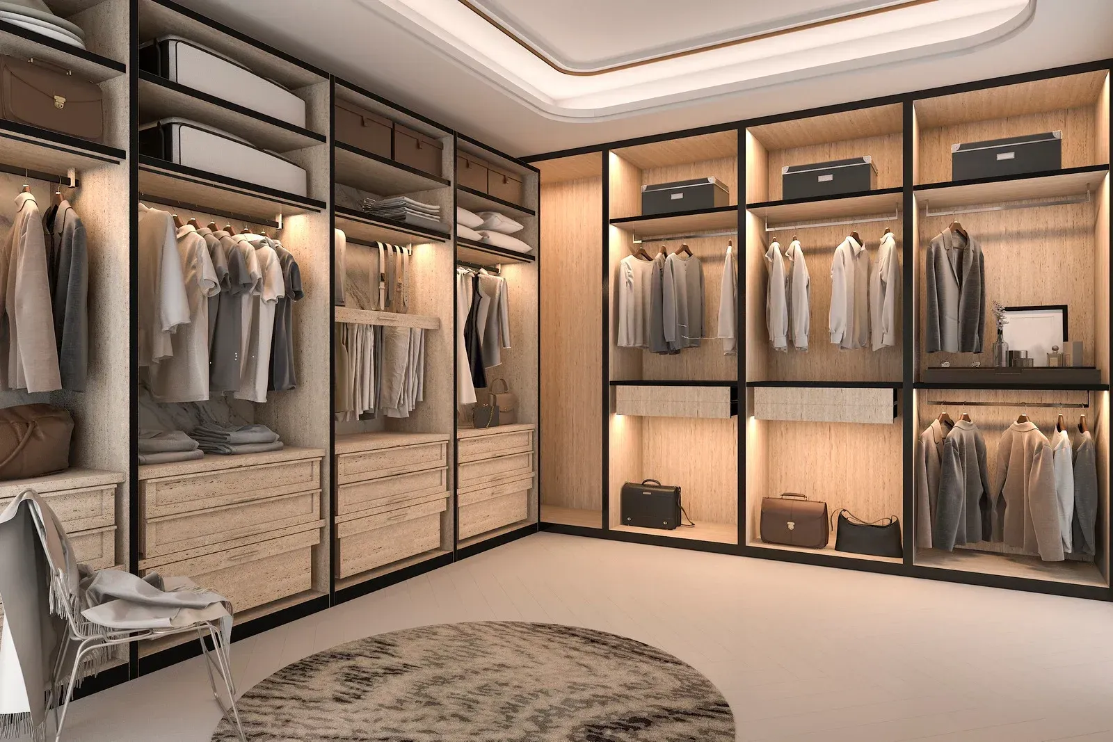 Built-in walk-in closet with beige shelving, hanging clothes, drawers, and a round rug.